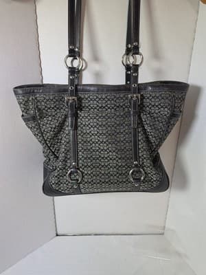 COACH 11527 Jacquard Black & Grey Canvas Leather Tote Shoulder Hand Bag Purse - Thumbnail 6