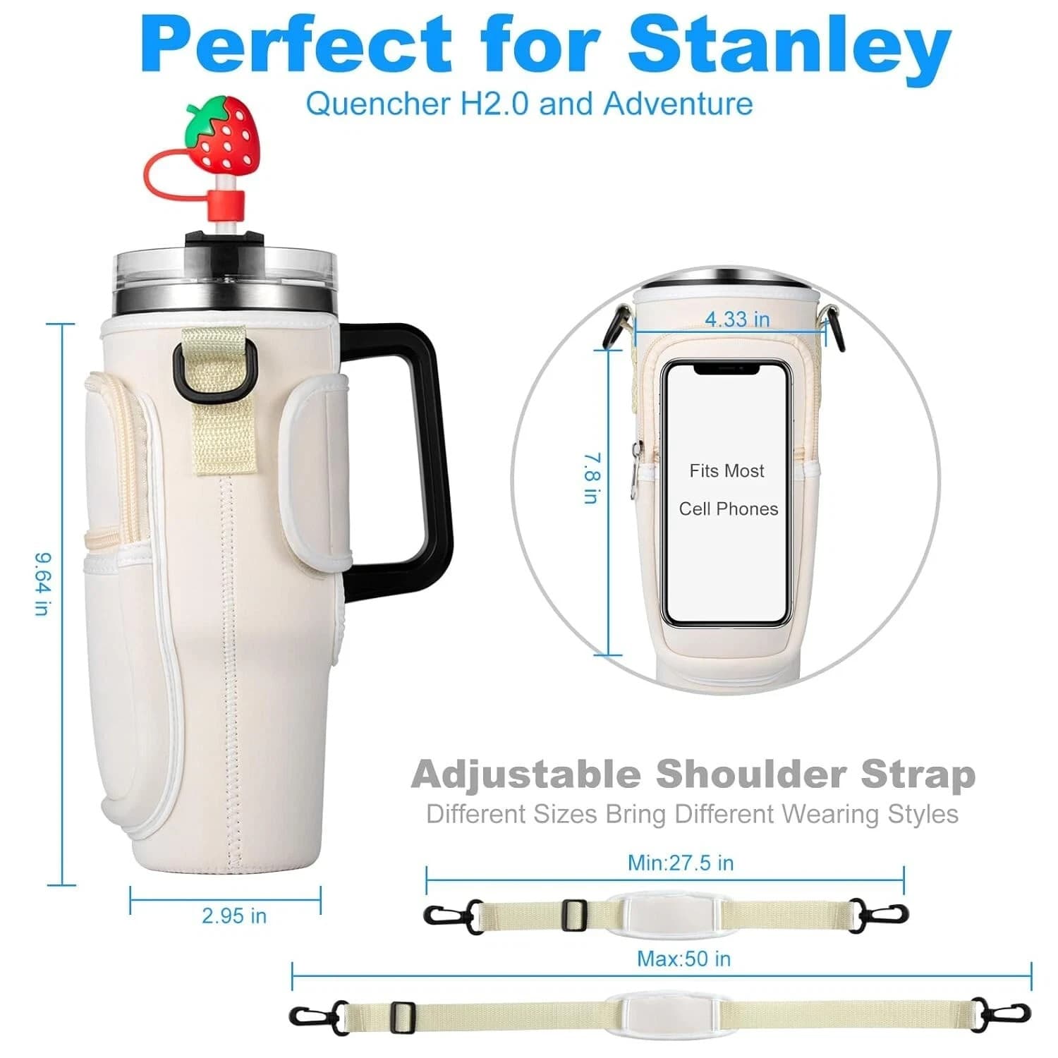 Water Bottle Holder Carrier Bag for Stanley 40 OZ Tumbler with Strap-Cream - Thumbnail 5