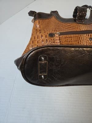 MC Madi Claire Tan/Dark Brown Color Crocodile Embossed Hand Bag Good - Thumbnail 4
