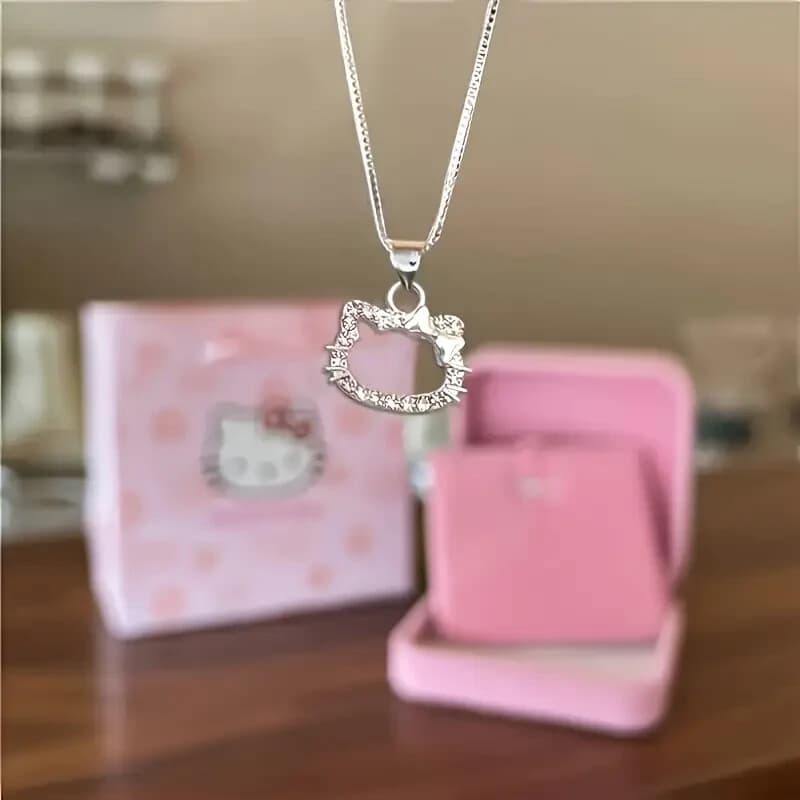 Hello Kitty Silver Pave Cubic Zirconia Pendant Necklace New - Image 1