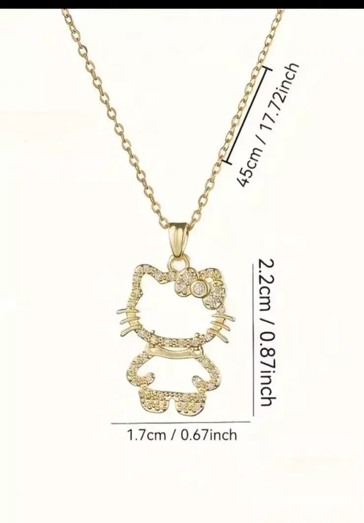 Titanium Silver/Gold Hello Kitty Cat Kitten Pave CZ Pendant Chain Necklace - Thumbnail 2