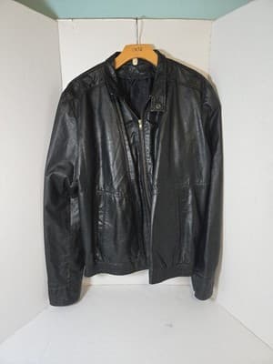 Mens Soft Genuine Leather Jacket Pockets Solid Black Line Size 44R