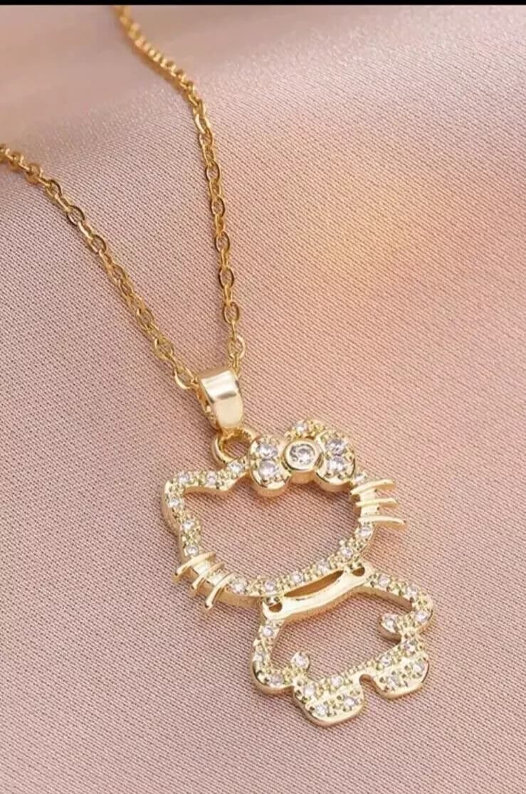 Titanium Silver/Gold Hello Kitty Cat Kitten Pave CZ Pendant Chain Necklace - Image 1