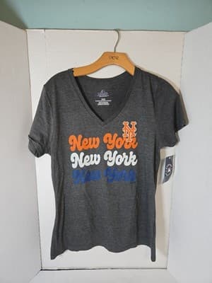 Women’s New York Mets V-Neck T-Shirt Charcoal Heather Majestic NWT - Image 1