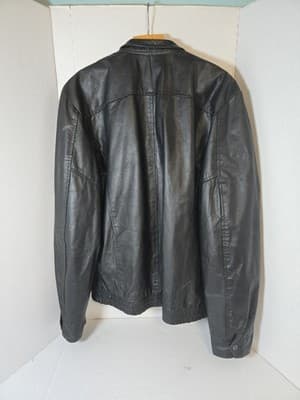 Mens Soft Genuine Leather Jacket Pockets Solid Black Line Size 44R - Thumbnail 2