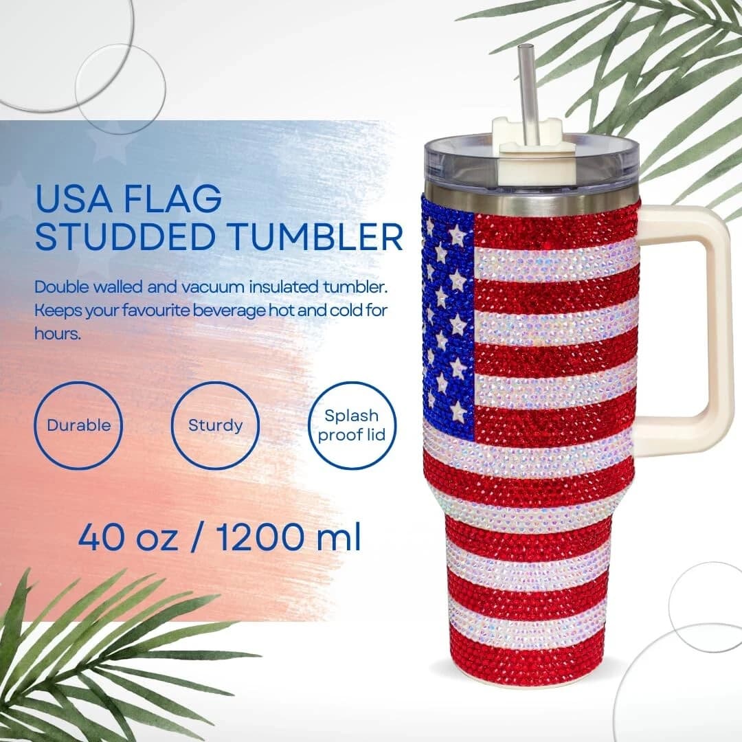 Rhinestone Studded USA Flag 40oz Insulated Tumbler NEW - Thumbnail 4