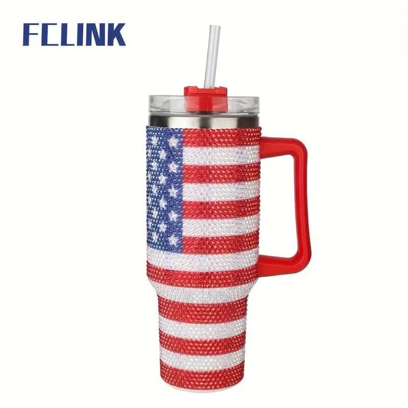 Rhinestone Studded USA Flag 40oz Insulated Tumbler NEW - Image 1