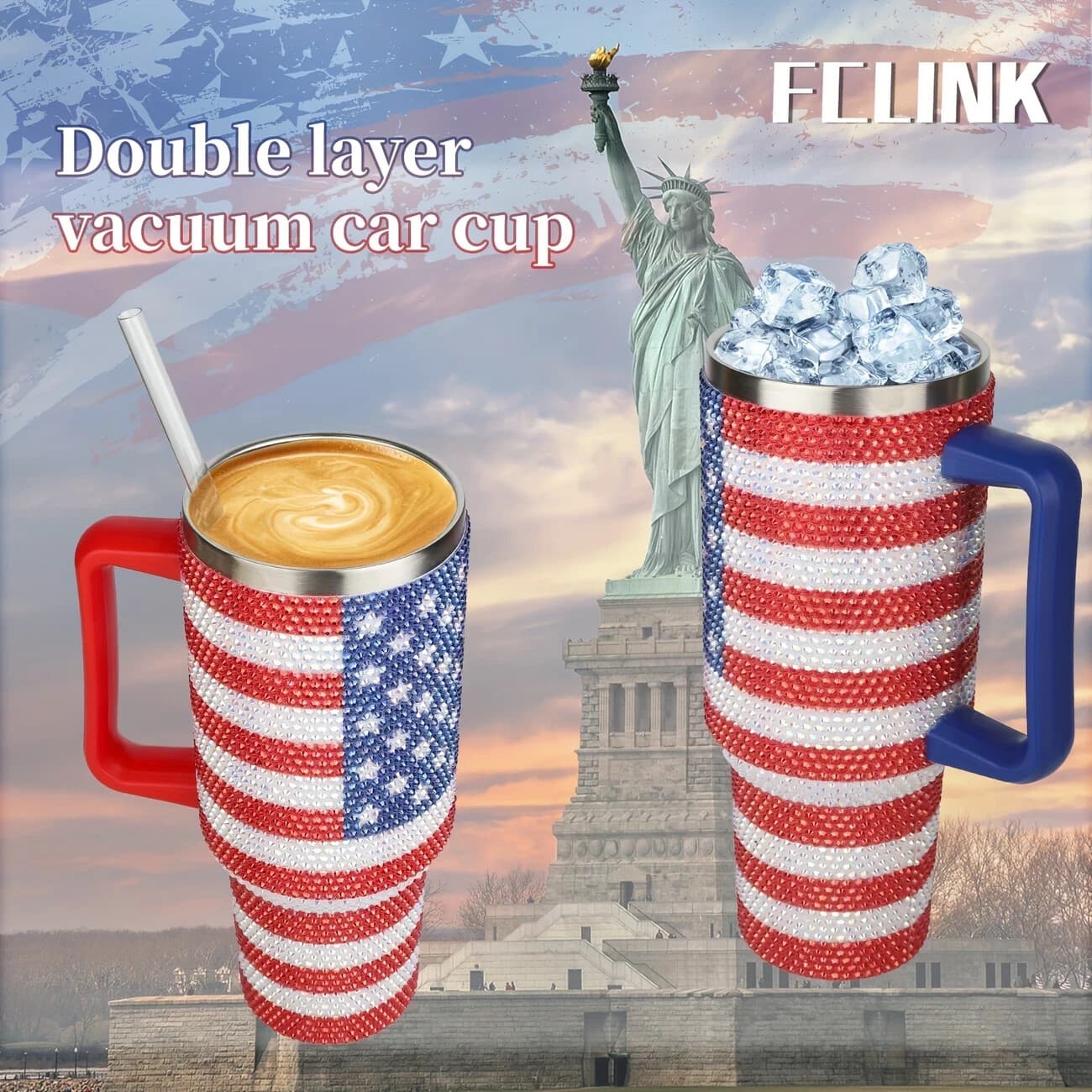 Rhinestone Studded USA Flag 40oz Insulated Tumbler NEW - Thumbnail 3