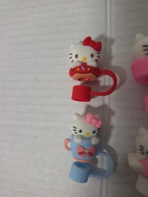 3D HELLO KITTY 4 Lg. Straw Topper Cap Silicone Straw Protectors Tumbler 10mm NEW - Thumbnail 3