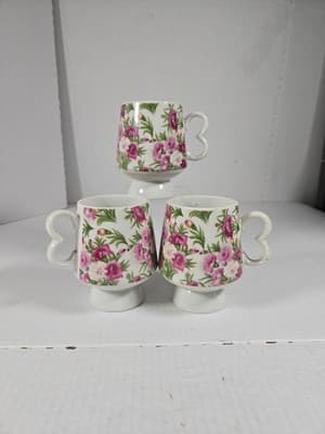 VTG YOKO BOEKI Pink Carnation Floral Tea Coffee Mugs Heart Handle Japan Set Of 3 - Image 1