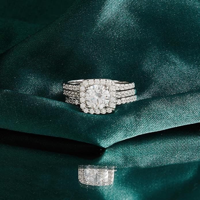 18K White Gold Plated Cubic Zirconia Two in-One Halo Wedding Engagement Ring 7 - Thumbnail 2