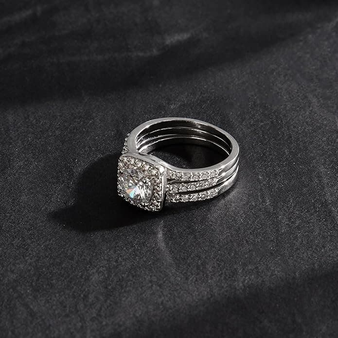 18K White Gold Plated Cubic Zirconia Two in-One Halo Wedding Engagement Ring 7 - Thumbnail 5