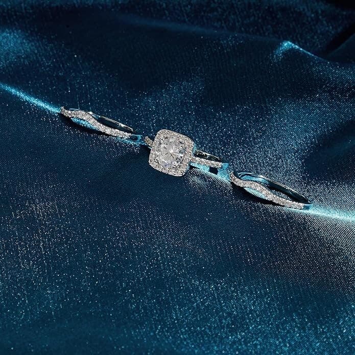 18K White Gold Plated Cubic Zirconia Two in-One Halo Wedding Engagement Ring 9 - Thumbnail 3