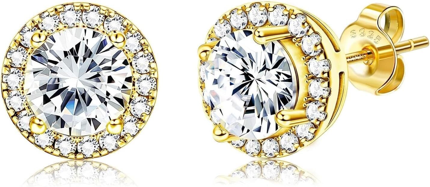 18K Gold Plated Stud Earrings with 925 Sterling Silver and Cubic Zirconia, Round - Image 1