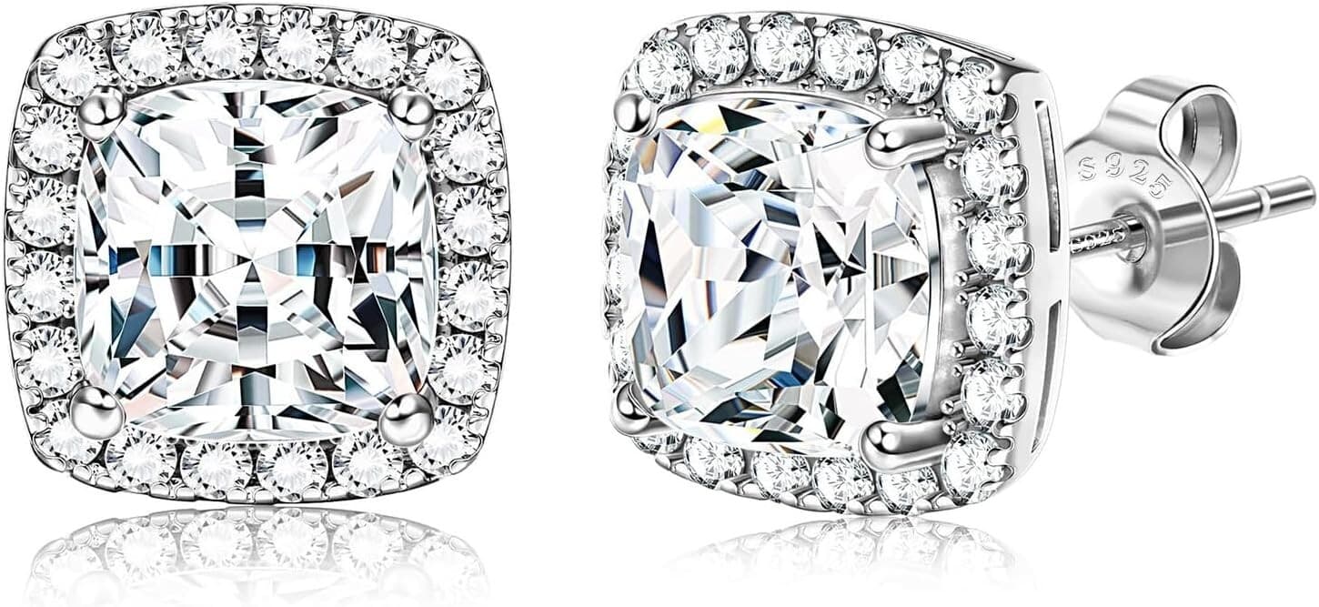 18K Gold Plated Stud Earrings with 925 Sterling Silver and Cubic Zirconia,Square - Image 1