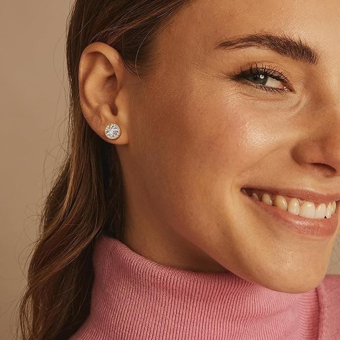 18K Gold Plated Stud Earrings with 925 Sterling Silver and Cubic Zirconia, Round - Thumbnail 3