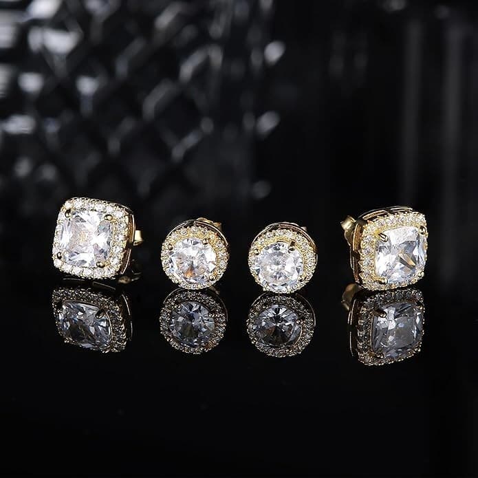 18K Gold Plated Stud Earrings with 925 Sterling Silver and Cubic Zirconia,Square - Thumbnail 3