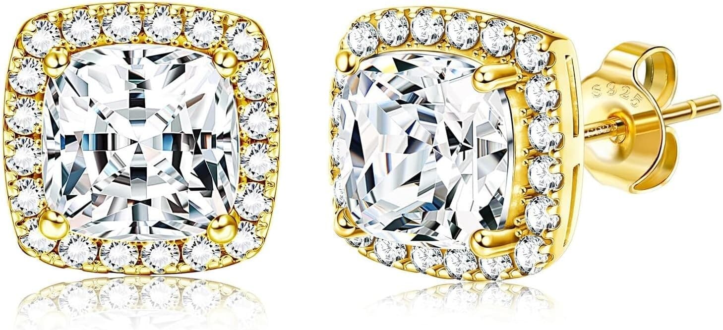 18K Gold Plated Stud Earrings with 925 Sterling Silver and Cubic Zirconia,Square - Image 1