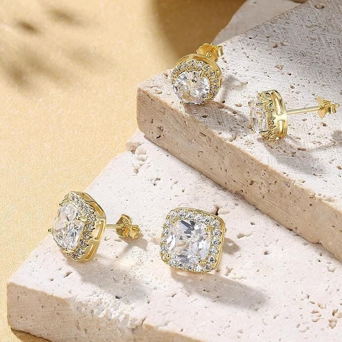 18K Gold Plated Stud Earrings with 925 Sterling Silver and Cubic Zirconia,Square - Thumbnail 2