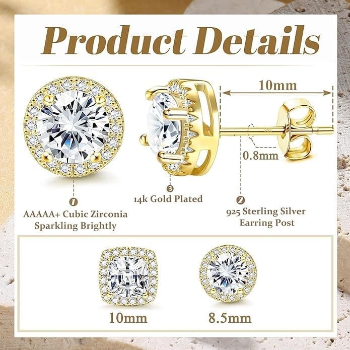 18K Gold Plated Stud Earrings with 925 Sterling Silver and Cubic Zirconia,Square - Thumbnail 4