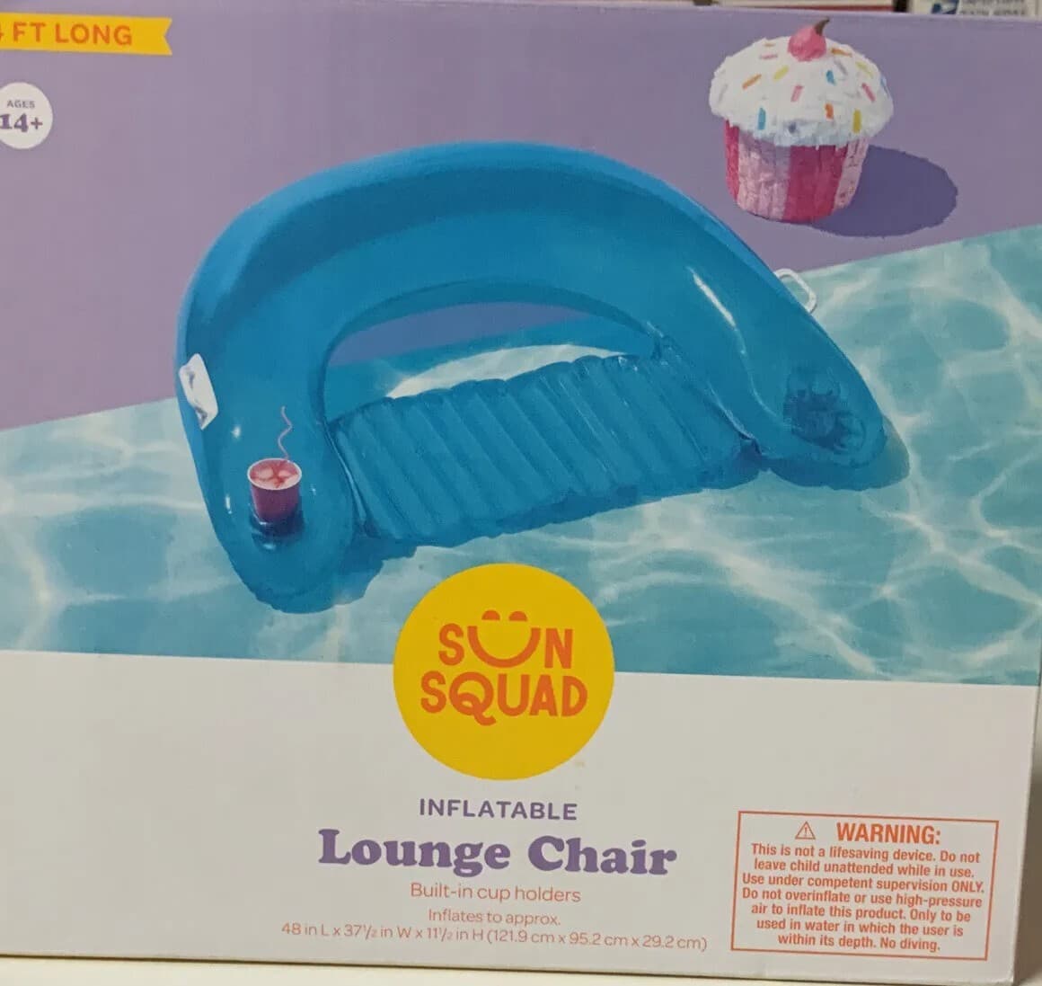 Sun Squad Inflatable Lounge Chair Built-in Cup Holder Pool Float Blue 4 ft Long - Image 1