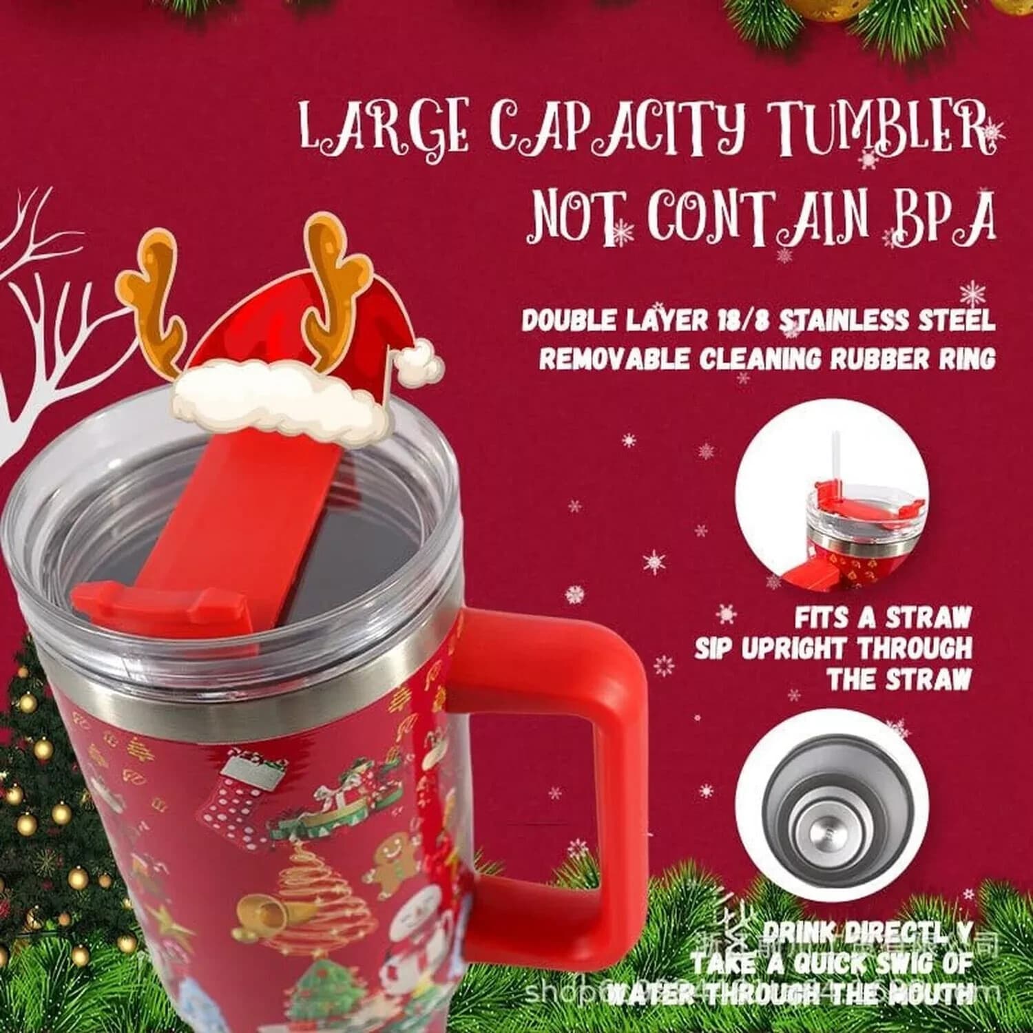 40 oz Christmas Tumbler with Handle and Straw, Stainless Steel Tumbler with L... - Thumbnail 2