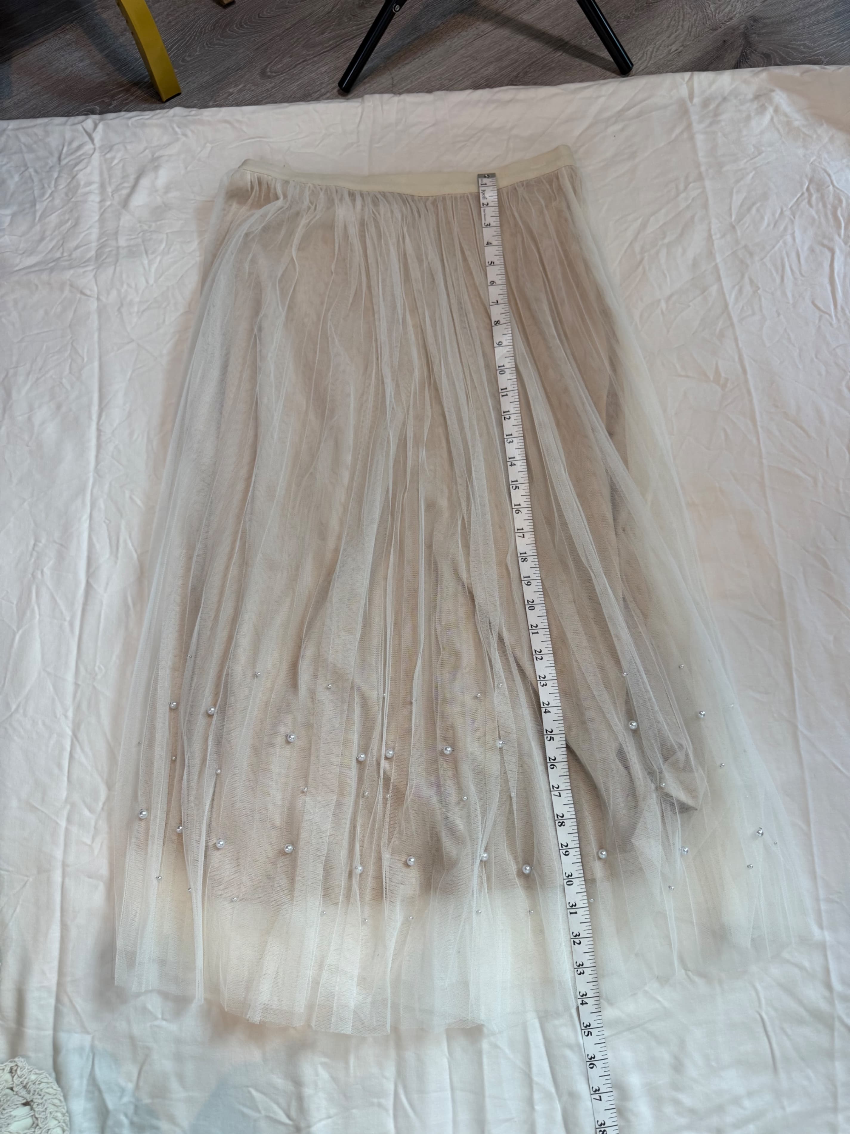 Sheer Tulle Midi Skirt with Pearls - Elegant Evening Wear