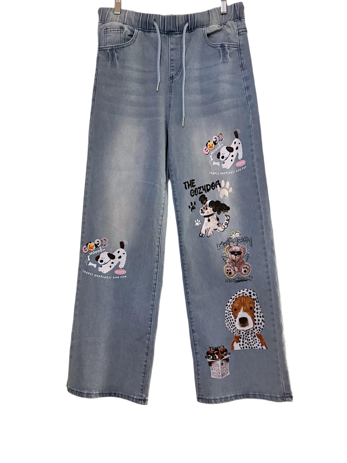 SHEIN Medium Wash Elastic Waistband w/Painted Dogs Wide Leg Jeans Sz XL NEW - Image 1