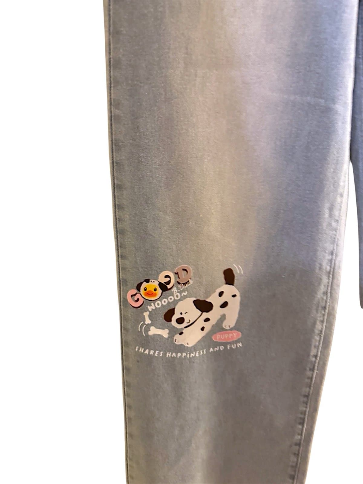 SHEIN Medium Wash Elastic Waistband w/Painted Dogs Wide Leg Jeans Sz XL NEW - Thumbnail 3