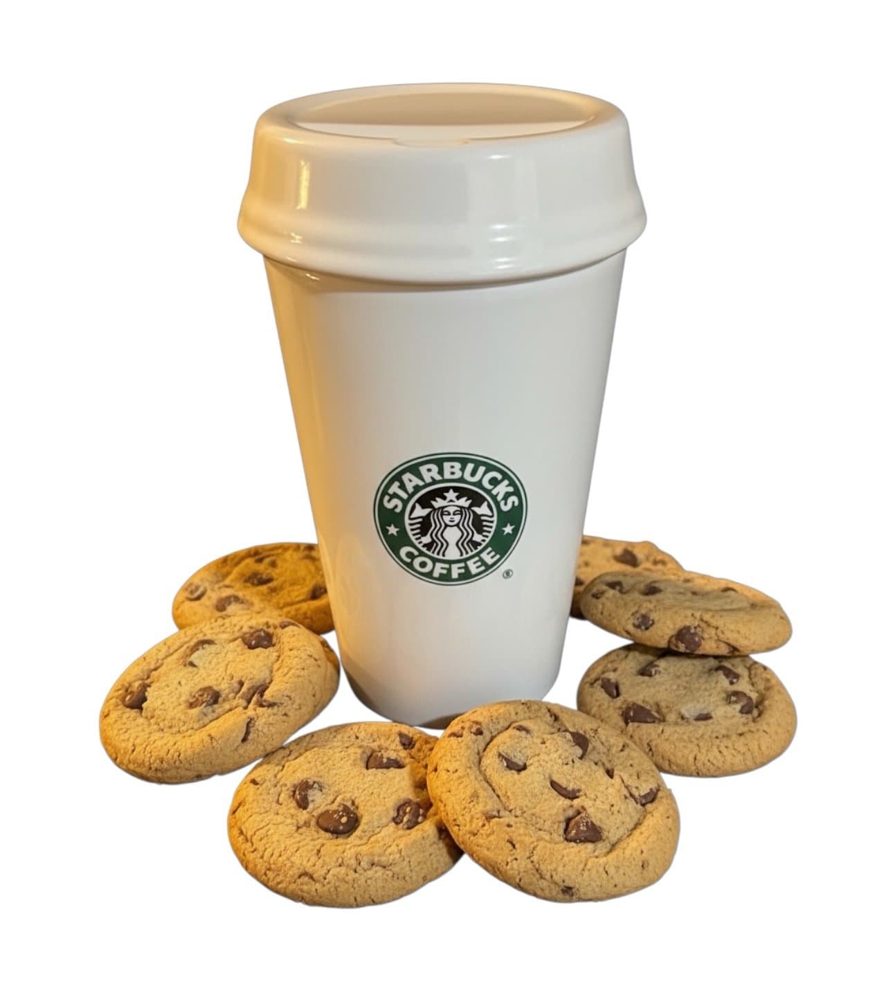 STARBUCKS 2000 White Ceramic Barista To-Go Cup Canister / Cookie Jar w/Lid 9x5”