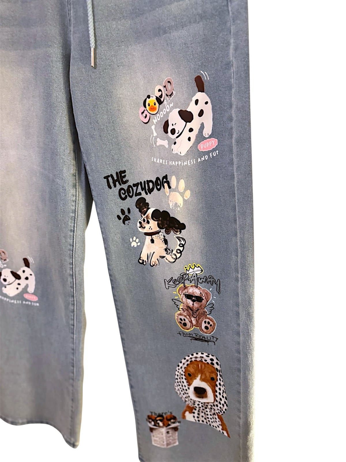 SHEIN Medium Wash Elastic Waistband w/Painted Dogs Wide Leg Jeans Sz XL NEW - Thumbnail 2