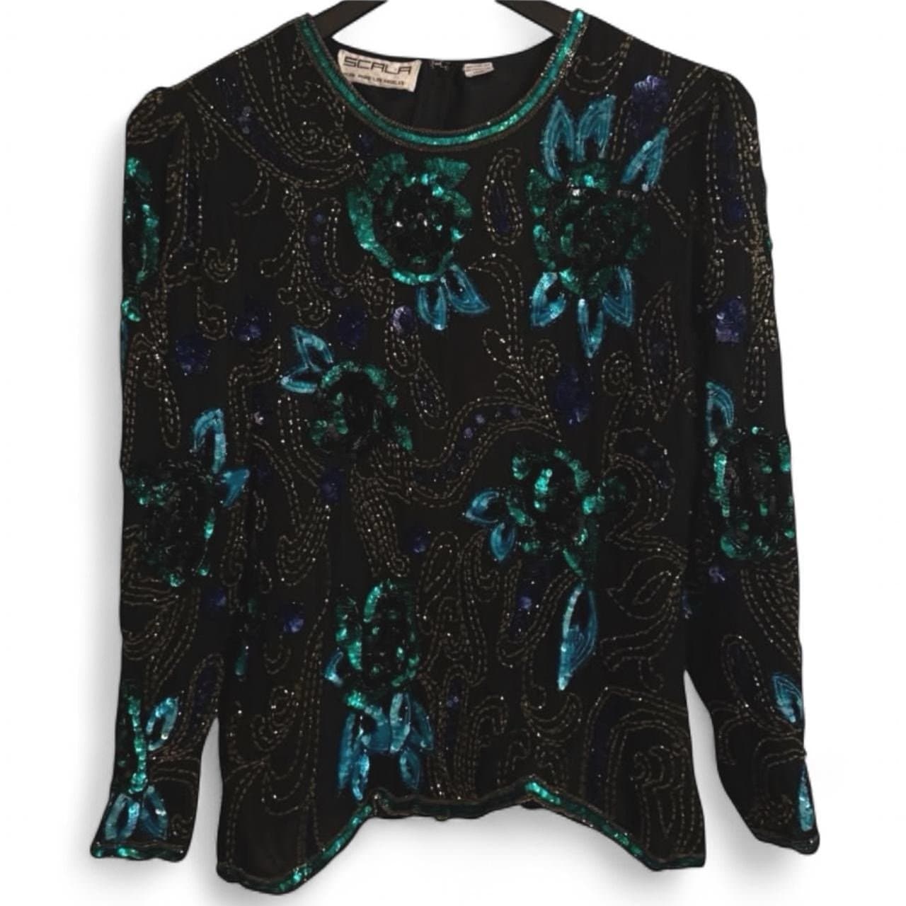 SCALA 80’s Black & Teal Silk Beaded & Sequined Floral Formal Blouse Sz XL - Image 1