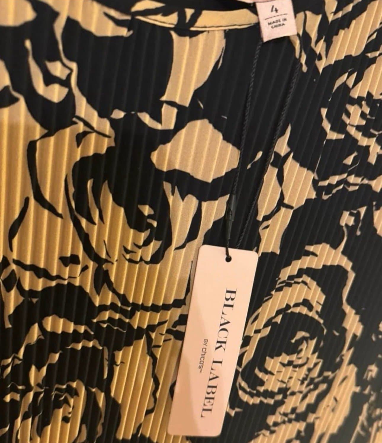 CHICO’S Black Label Black & Tan Floral Pleat Tiered LS Midi Dress Sz 0 / 4 NWT - Thumbnail 7