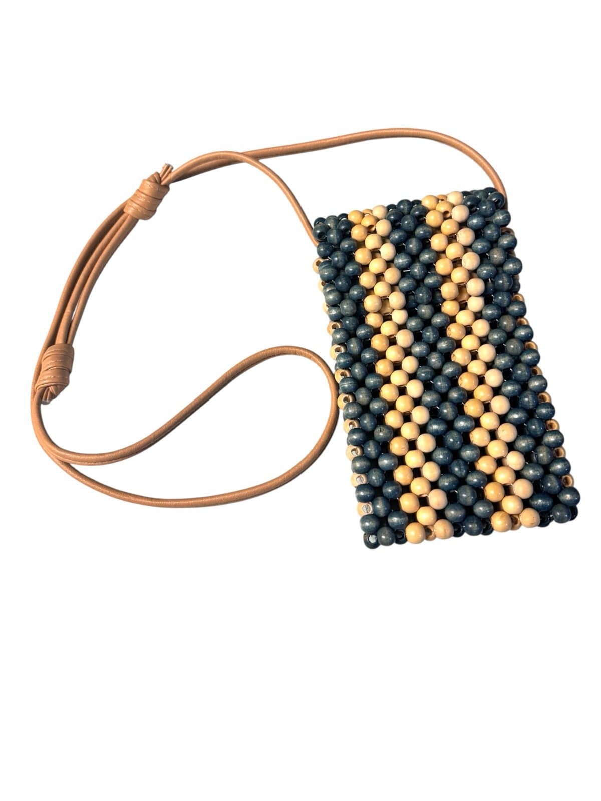 Universal Thread Blue & Tan Wood Bead Flap Crossbody w/Faux Leather Strap NEW - Image 1