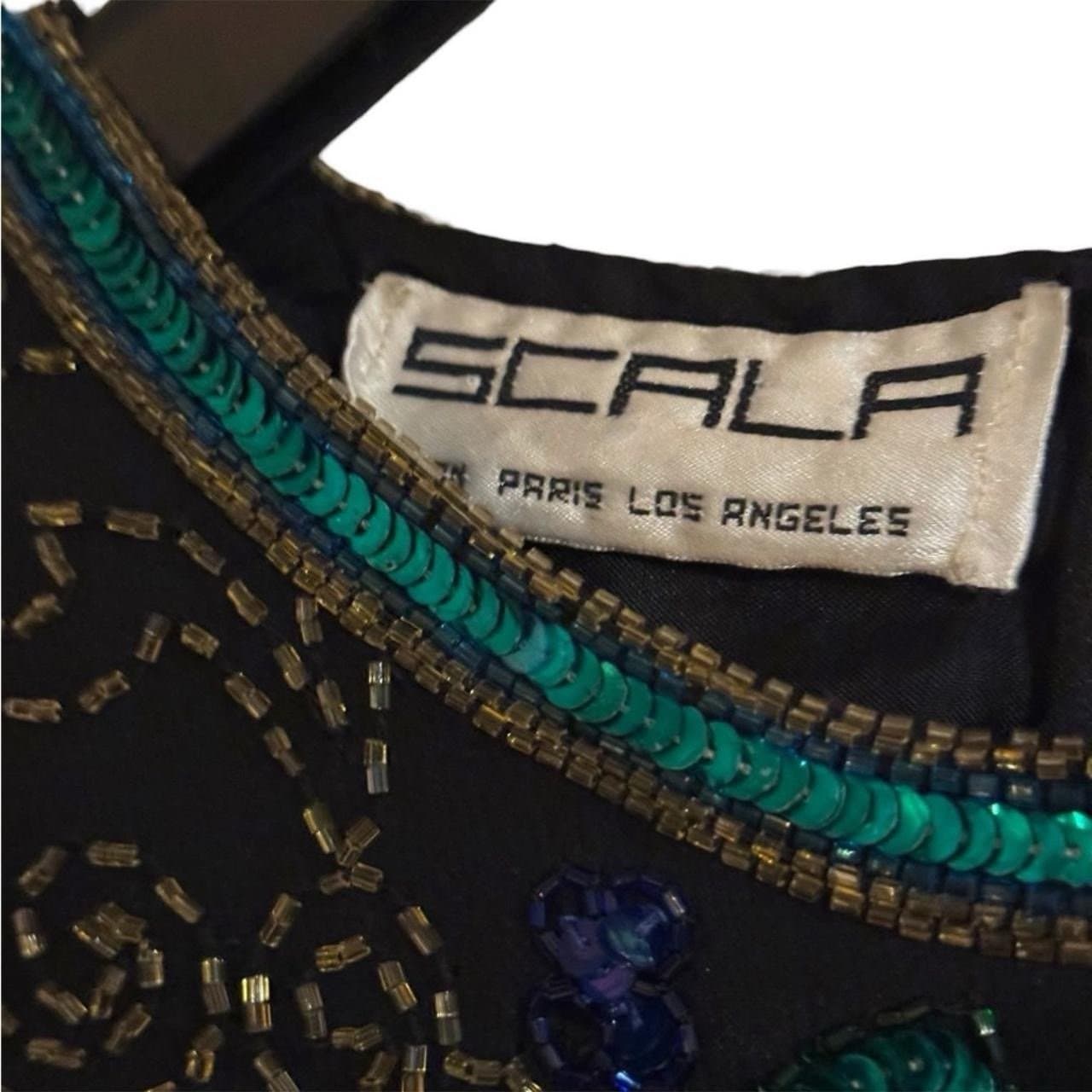 SCALA 80’s Black & Teal Silk Beaded & Sequined Floral Formal Blouse Sz XL - Thumbnail 7
