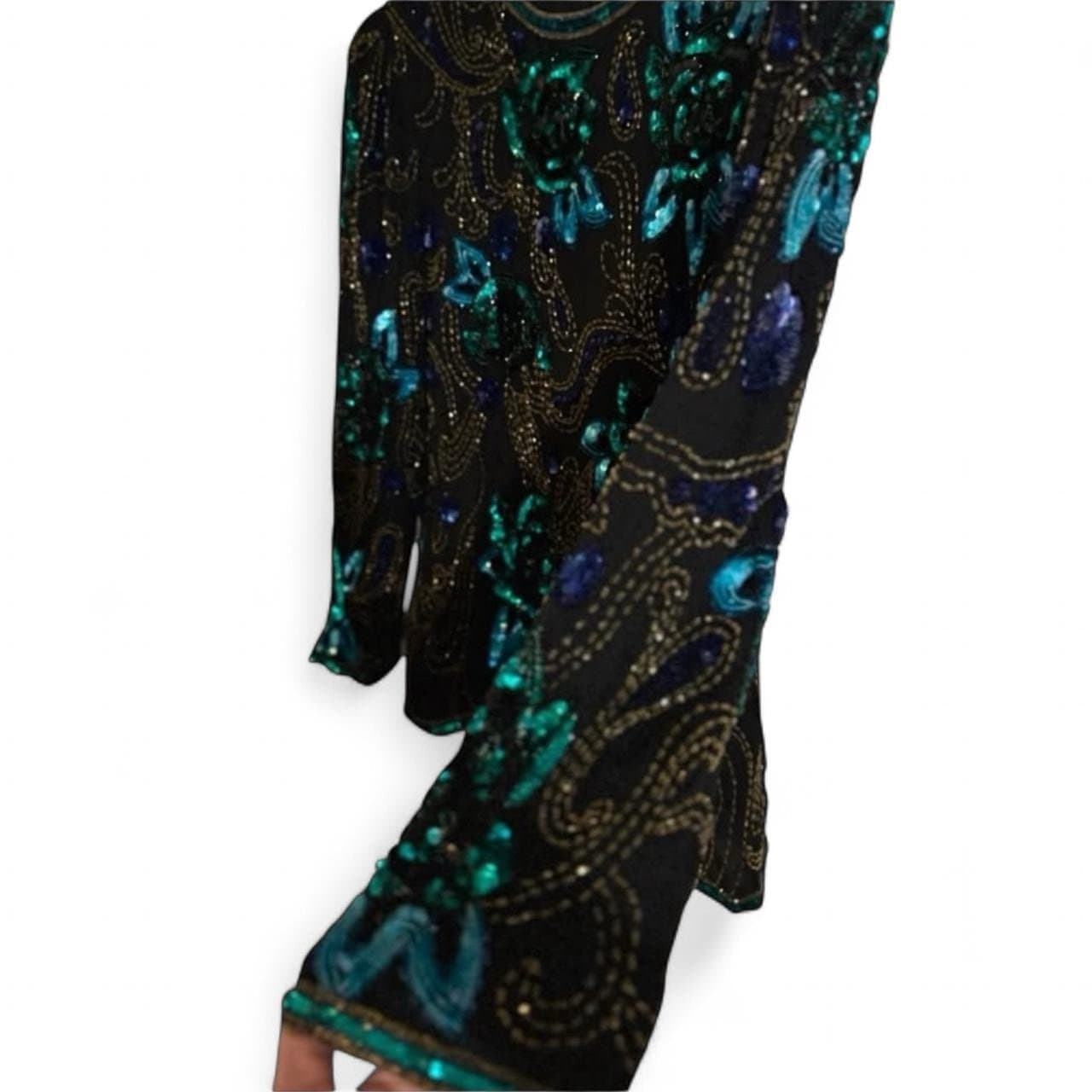 SCALA 80’s Black & Teal Silk Beaded & Sequined Floral Formal Blouse Sz XL - Thumbnail 4