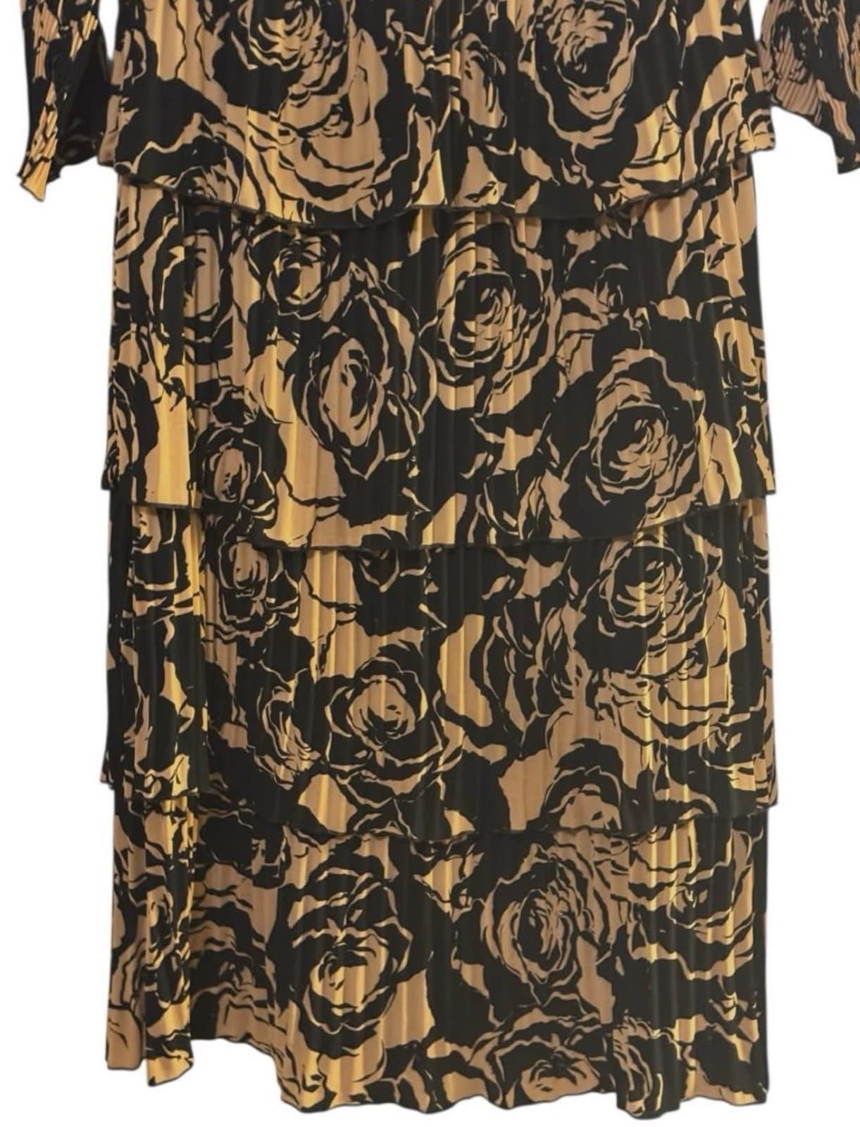 CHICO’S Black Label Black & Tan Floral Pleat Tiered LS Midi Dress Sz 0 / 4 NWT - Thumbnail 4