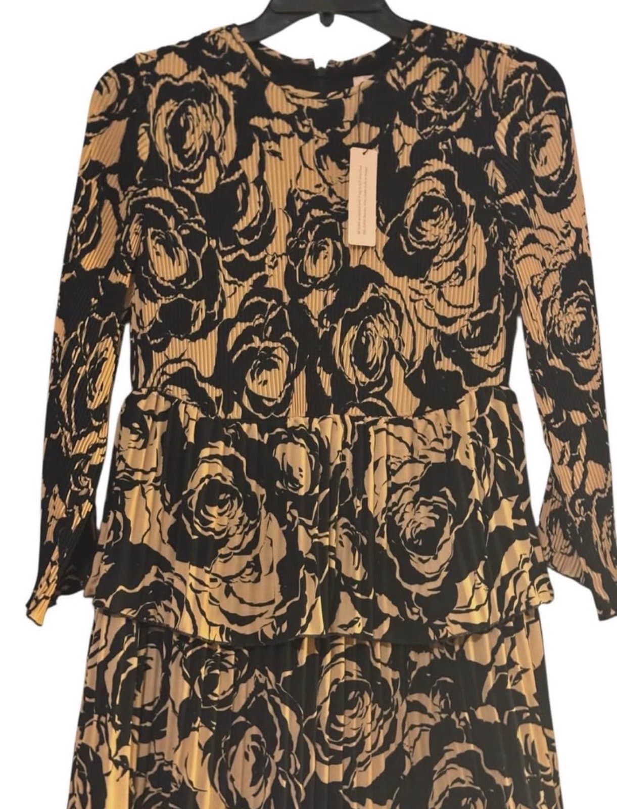 CHICO’S Black Label Black & Tan Floral Pleat Tiered LS Midi Dress Sz 0 / 4 NWT - Thumbnail 3