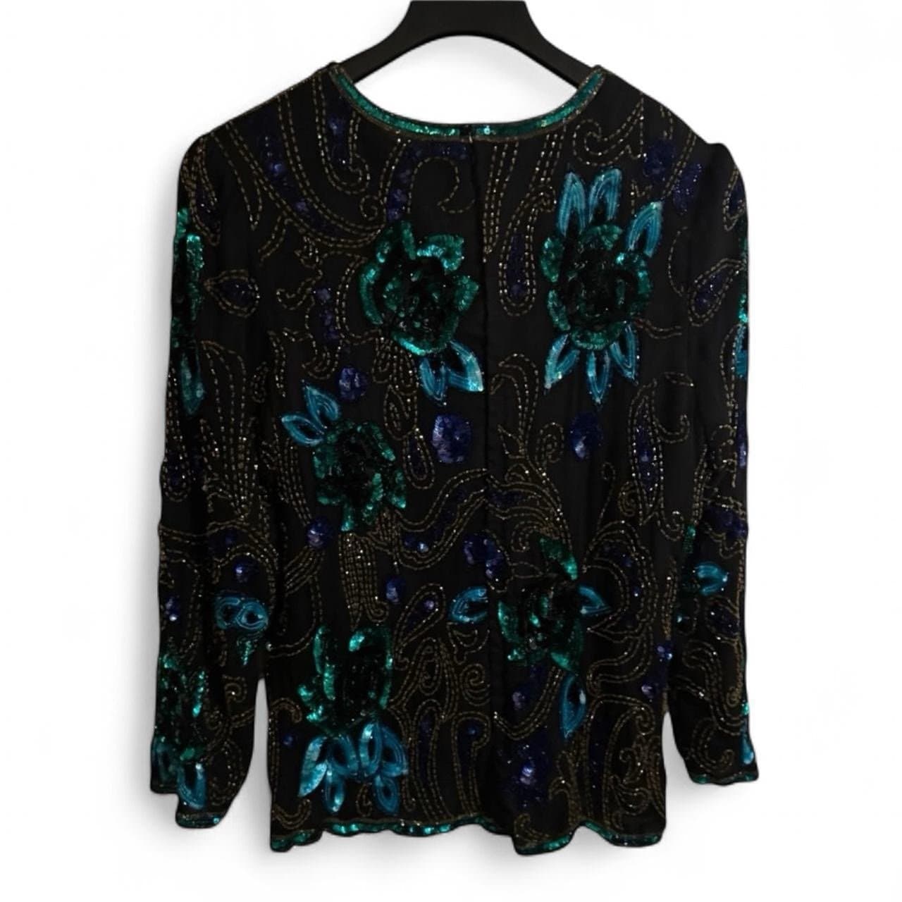 SCALA 80’s Black & Teal Silk Beaded & Sequined Floral Formal Blouse Sz XL - Thumbnail 5