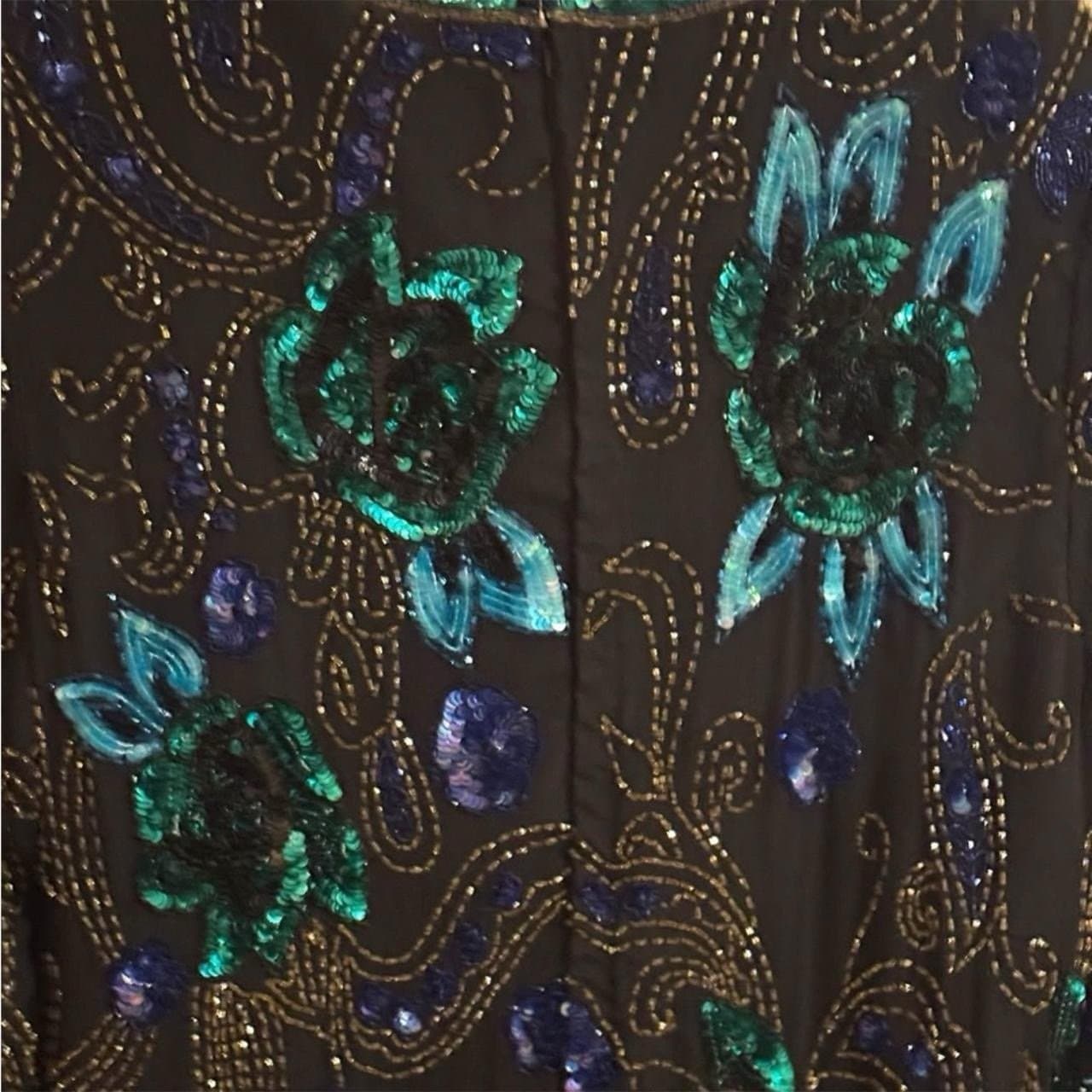 SCALA 80’s Black & Teal Silk Beaded & Sequined Floral Formal Blouse Sz XL - Thumbnail 6