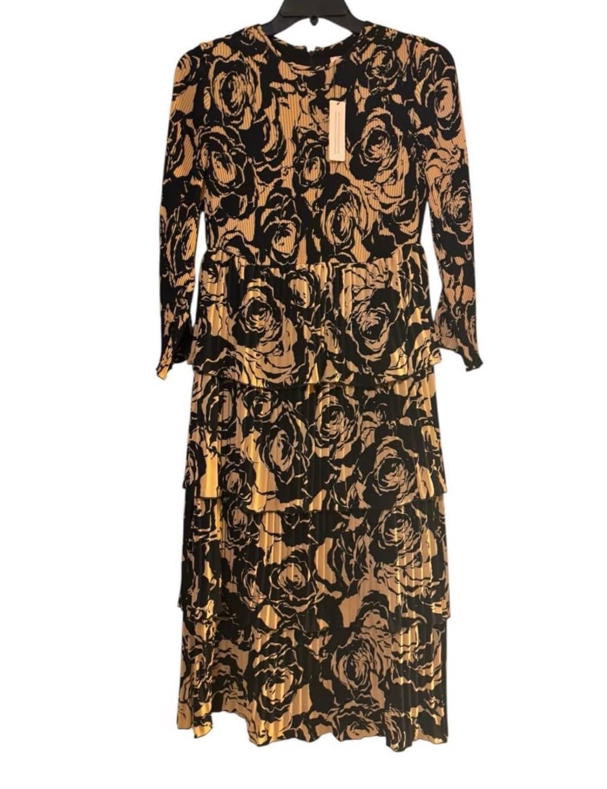 CHICO’S Black Label Black & Tan Floral Pleat Tiered LS Midi Dress Sz 0 / 4 NWT - Thumbnail 2