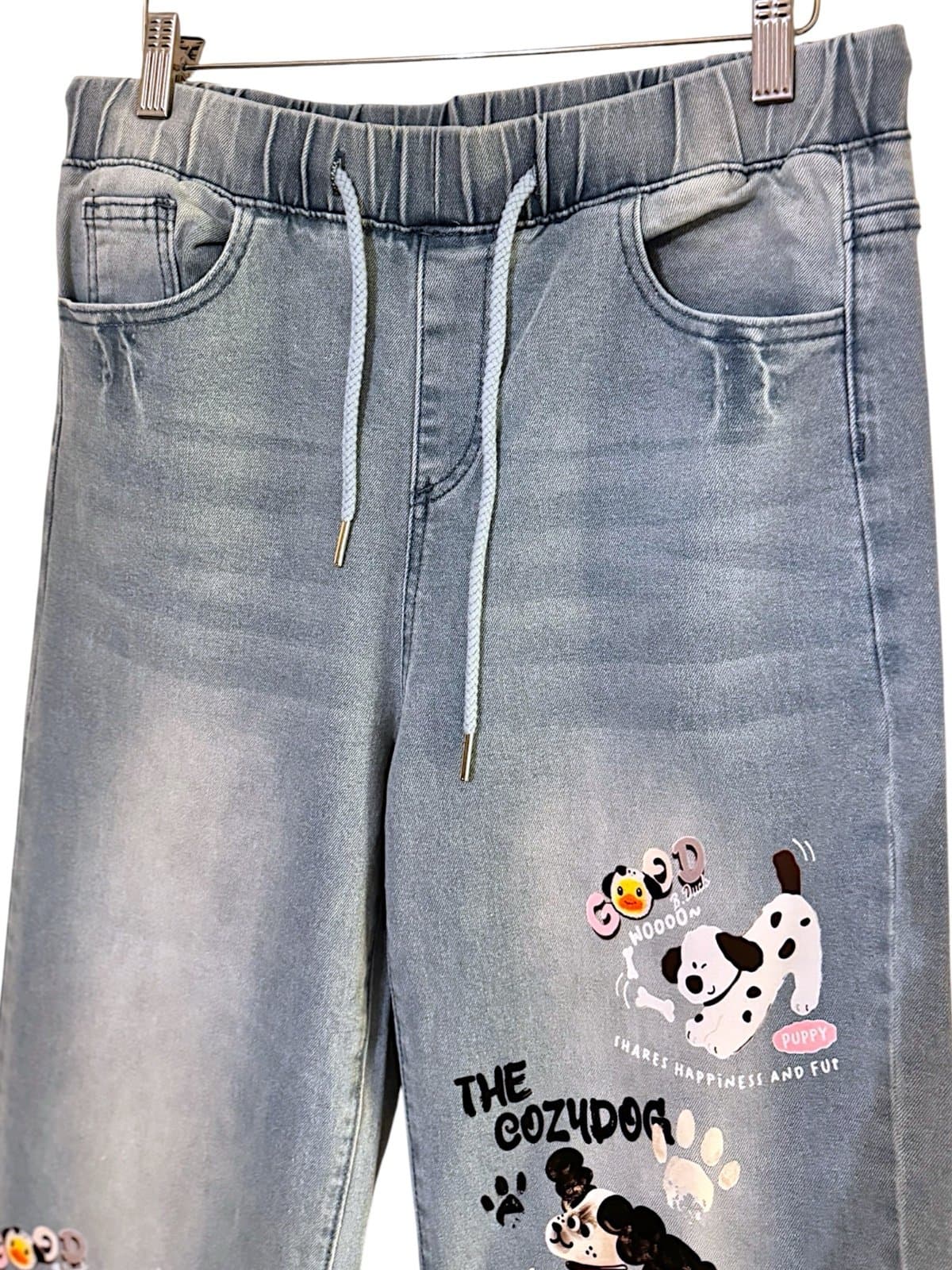 SHEIN Medium Wash Elastic Waistband w/Painted Dogs Wide Leg Jeans Sz XL NEW - Thumbnail 4