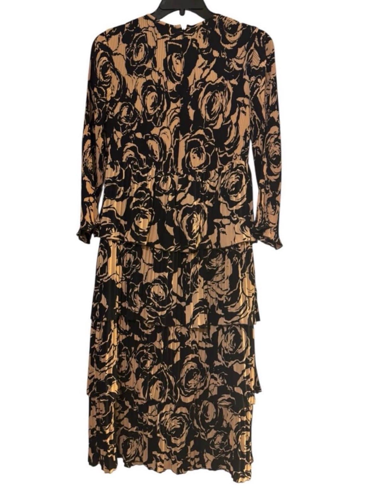 CHICO’S Black Label Black & Tan Floral Pleat Tiered LS Midi Dress Sz 0 / 4 NWT - Thumbnail 5