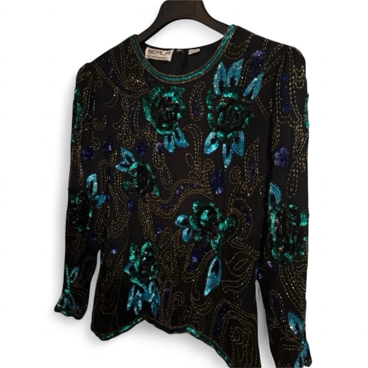 SCALA 80’s Black & Teal Silk Beaded & Sequined Floral Formal Blouse Sz XL - Thumbnail 2