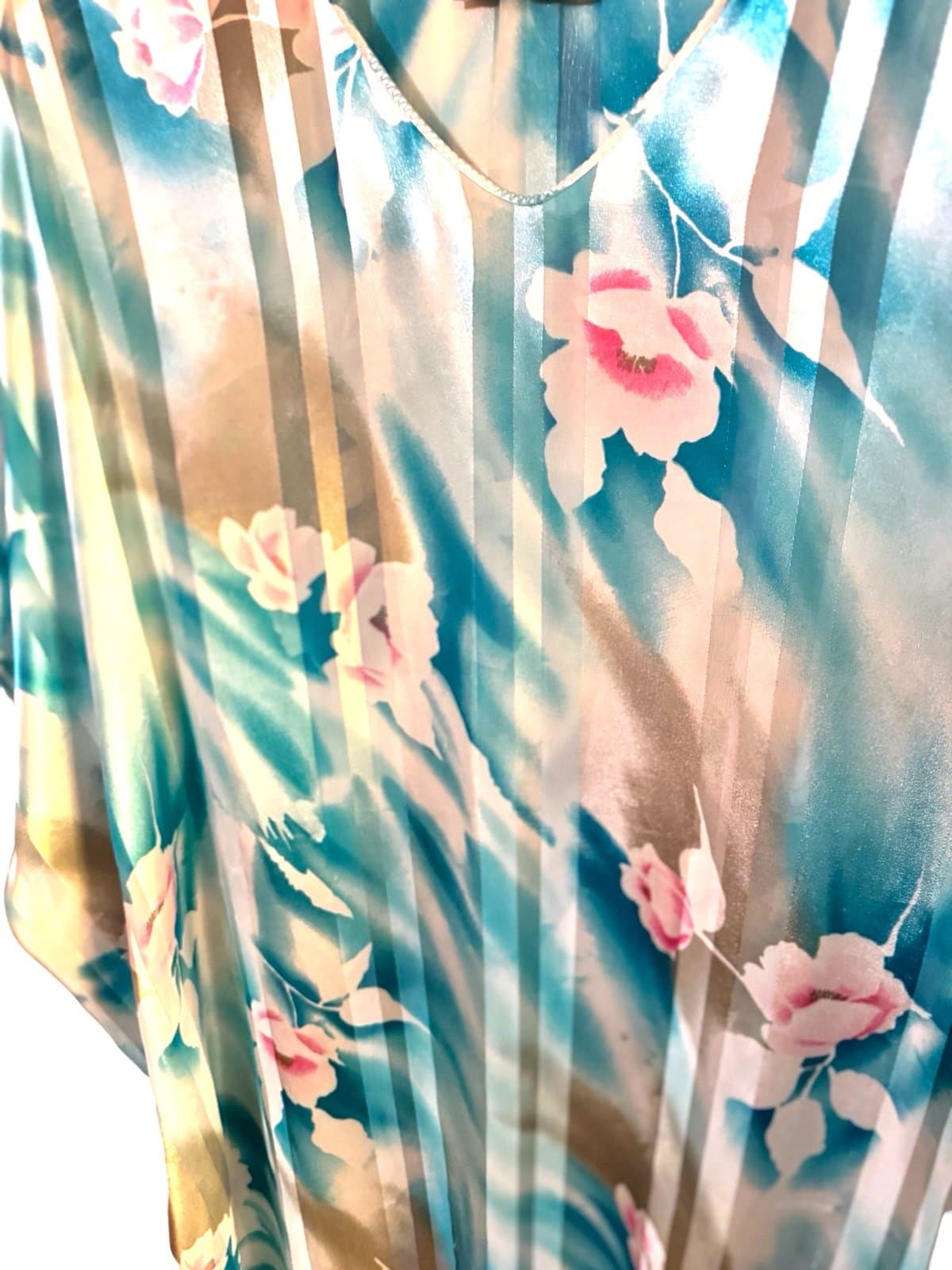 Mary McFadden Rare Vintage 80’s Pastel Floral & Striped Kaftan Mumu Sz OS Luxury - Thumbnail 3