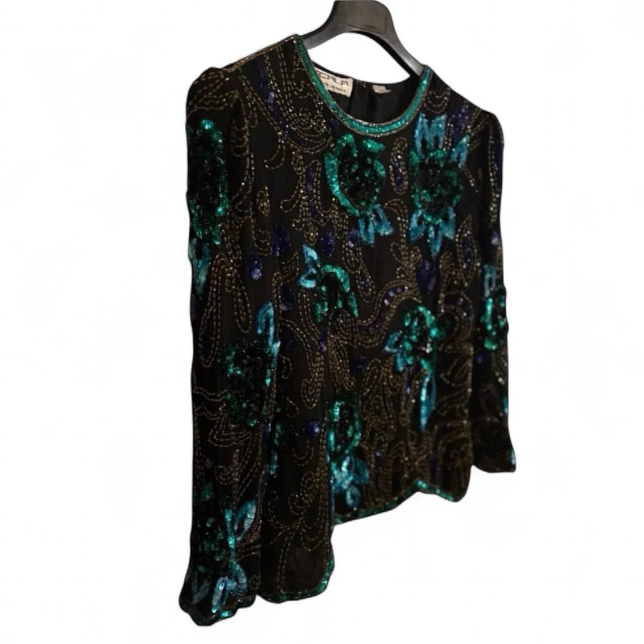 SCALA 80’s Black & Teal Silk Beaded & Sequined Floral Formal Blouse Sz XL - Thumbnail 3