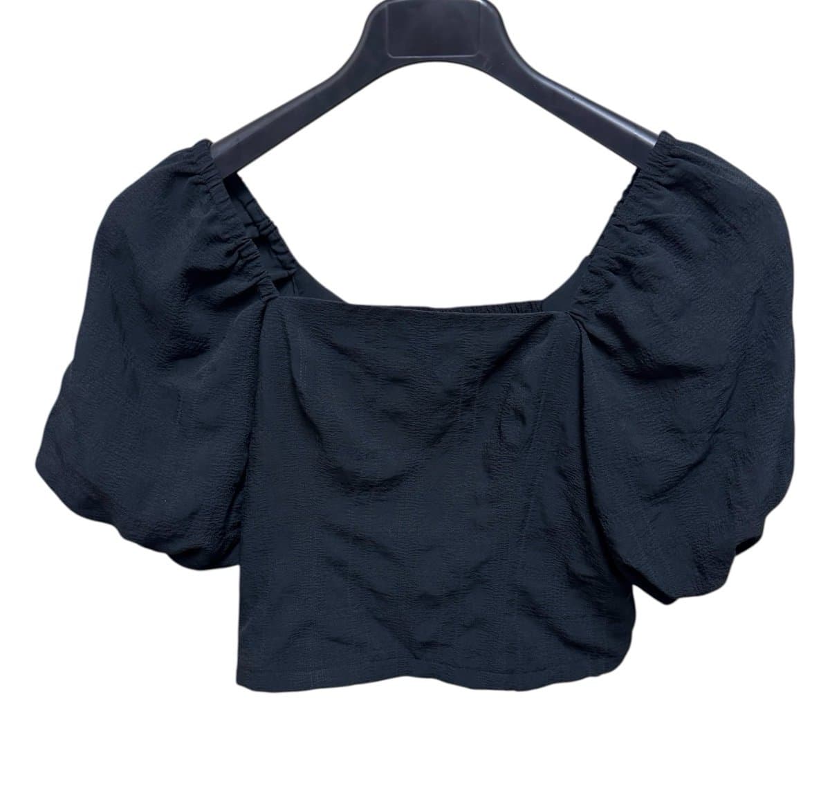 Melrose and Market Black Smocked Puff Sleeve Cropped Blouse Sz S - Image 1