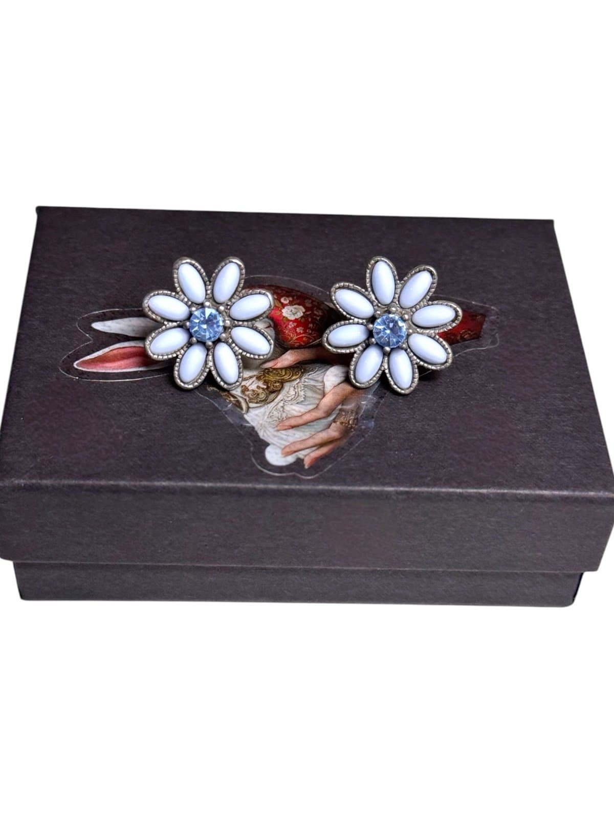 Nina Ricci Early 90’s Baby Blue Pewter Flower Stud Earrings w/Swarovski Crystals