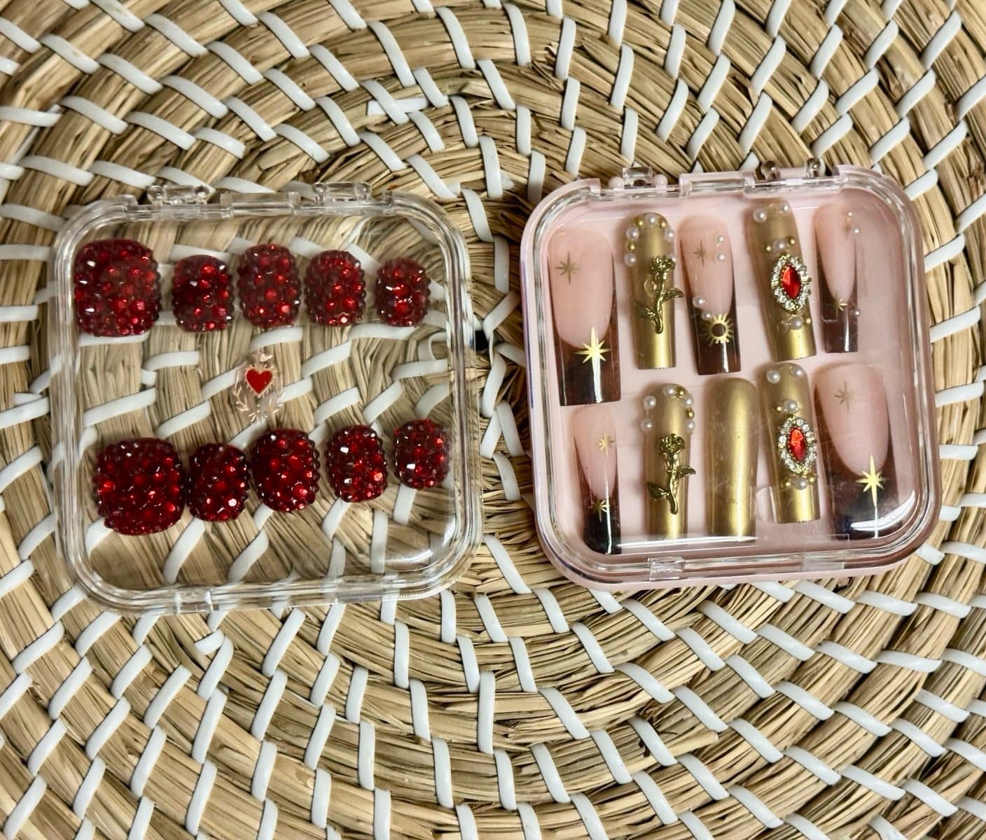 CUSTOM 2 Sets 3-D Red Champagne Stones & Floral Pearl Jewels Coffin Faux Nails - Image 1