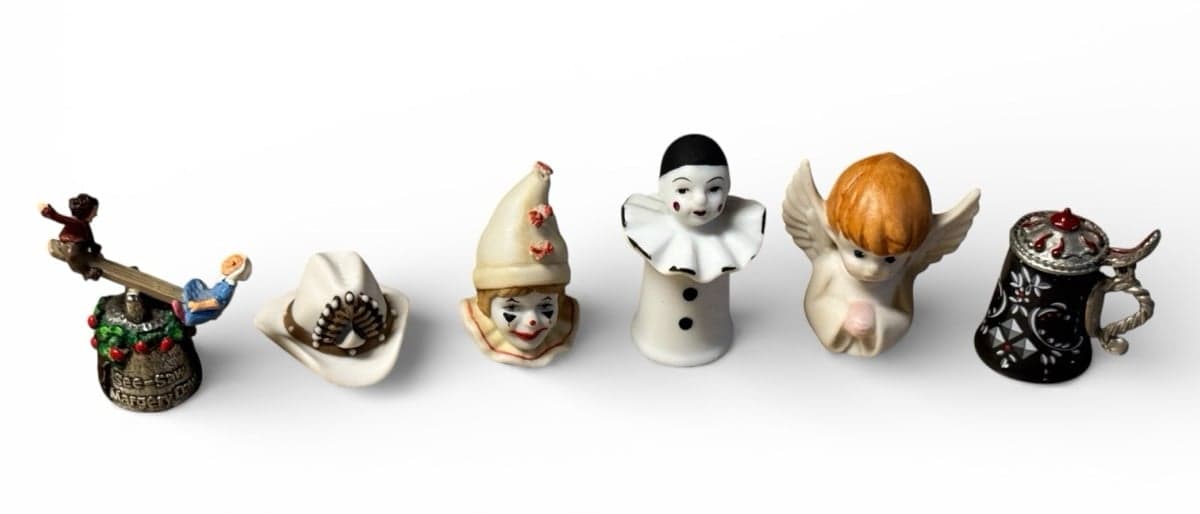 6 Pc 1980s Bisque Porcelain & Pewter Whimsy Thimbles Enesco Nuttall Warwick Mimi - Image 1